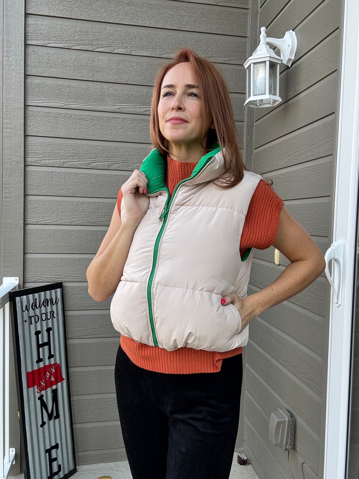 Big Hugs Reversible Padded Vest - GREEN/BEIGE