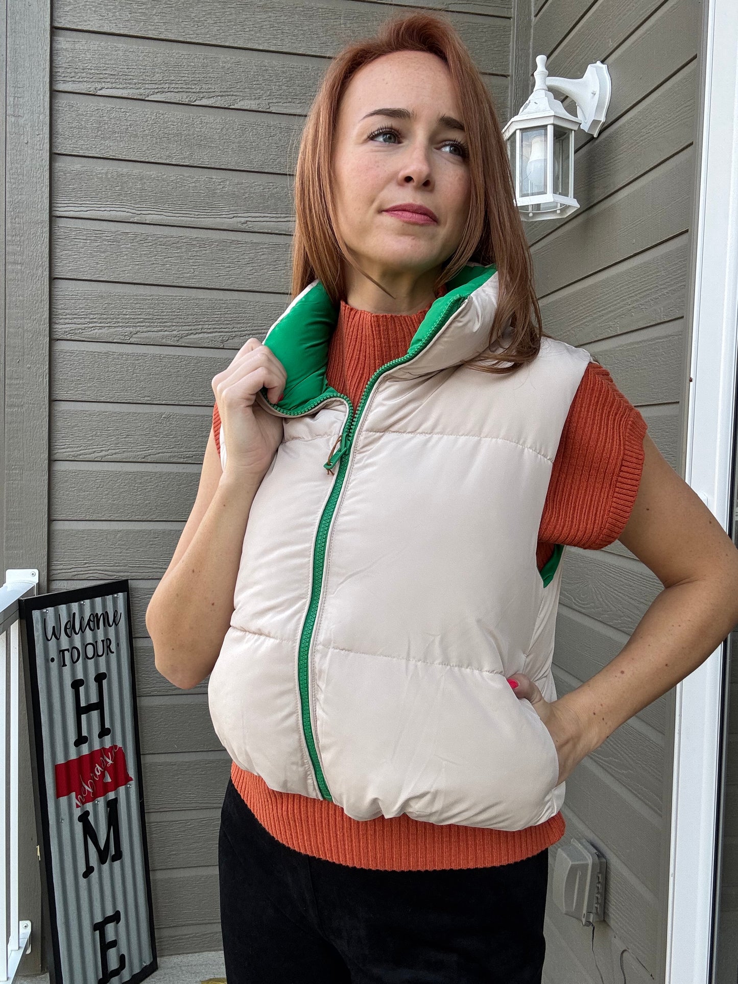 Big Hugs Reversible Padded Vest - GREEN/BEIGE