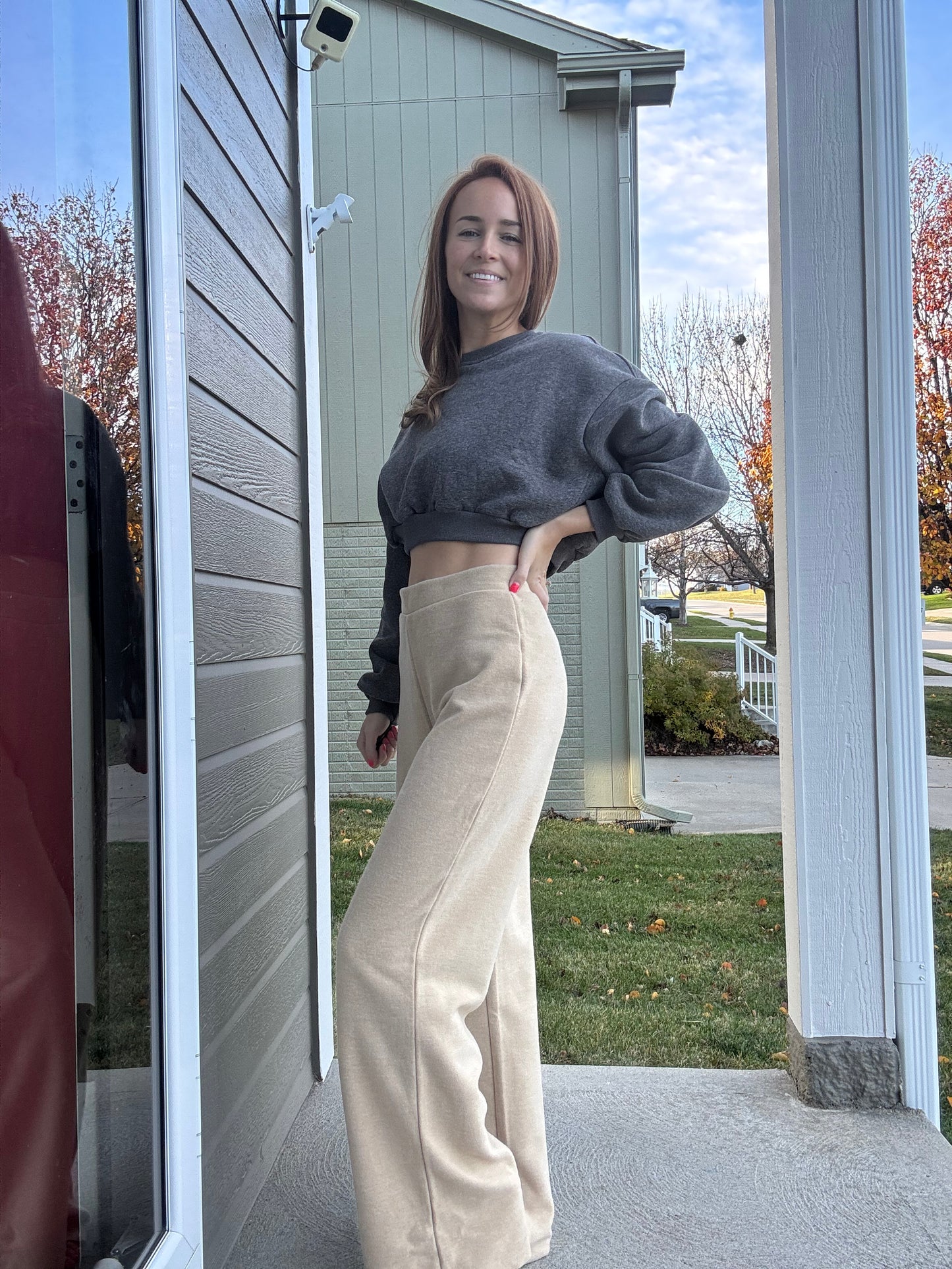 Maribel FLEECE High-Waist Straight-Leg Pants - TAUPE