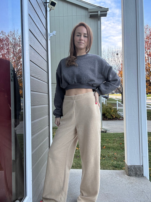 Maribel FLEECE High-Waist Straight-Leg Pants - TAUPE